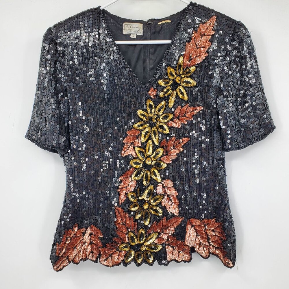 Stenay Black and Copper Sequin V Neck Floral Printed Short Sleeve Shirt Small